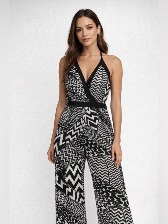 AKIRA Pants - AKIRA Black & White Wide Leg Jumpsuit - Geometric Print